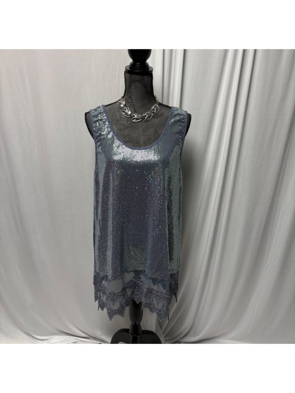 Origami By Vivien Sequin Mesh Tank Top Womens XXL Lace Trim Silver Gray Elegant